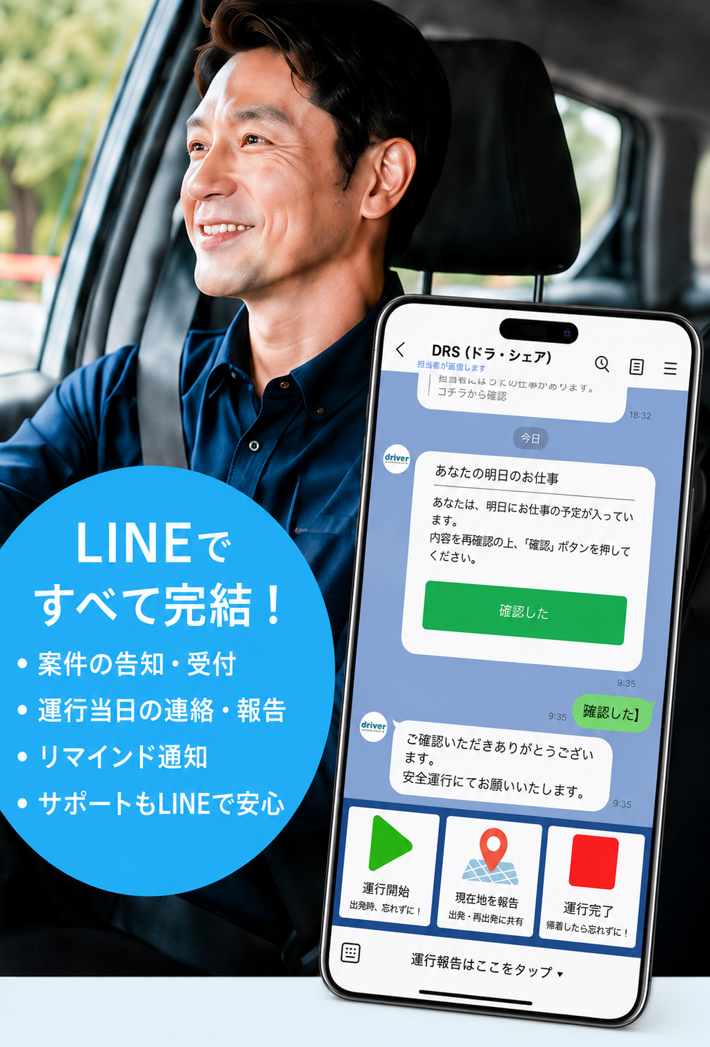 笑顔で運転するドライバーとDRSのLINE画面